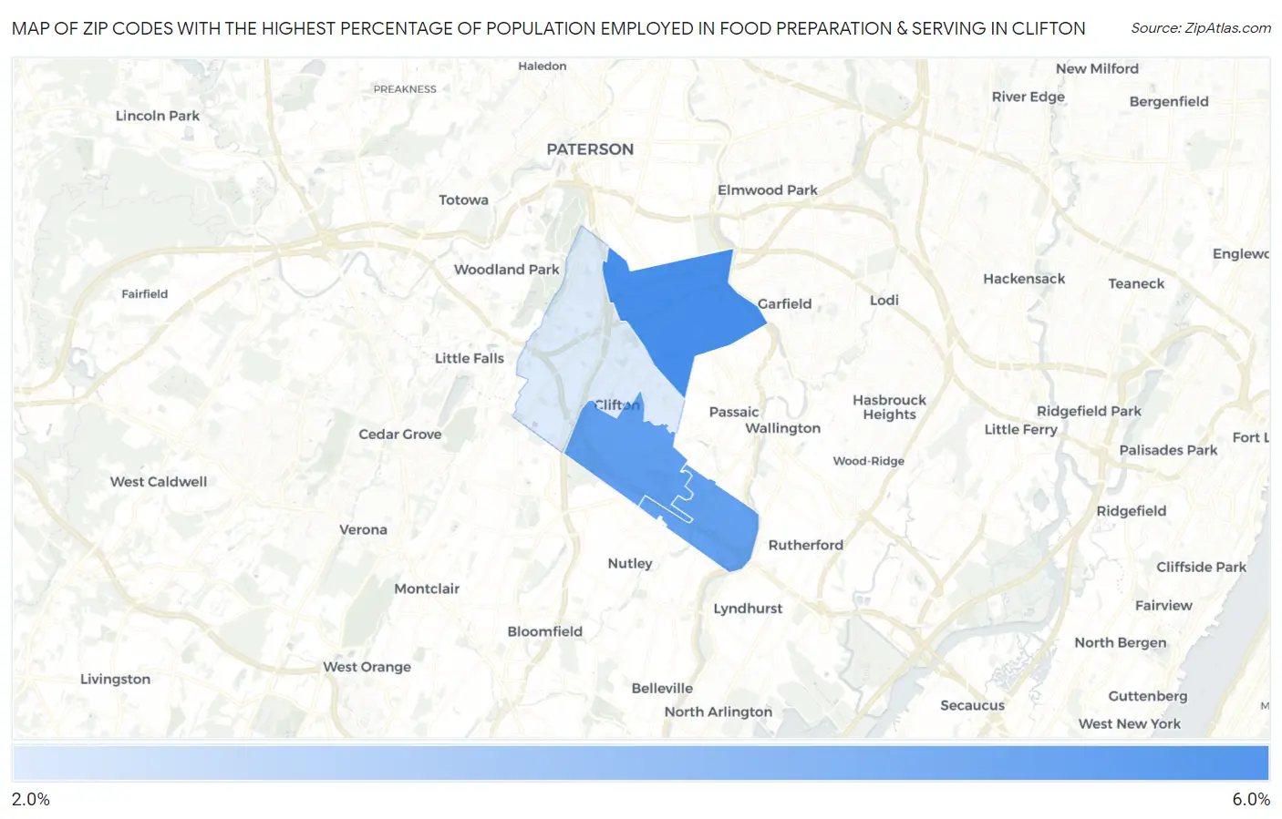 Zip Codes with the Highest Percentage of Population Employed in Food Preparation & Serving in Clifton Map