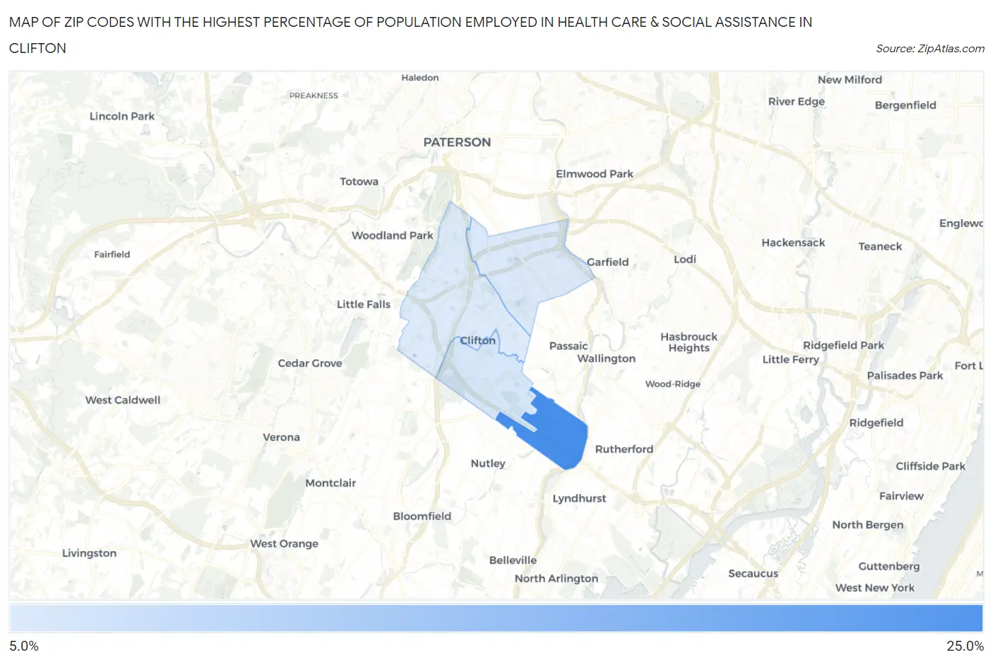 Zip Codes with the Highest Percentage of Population Employed in Health Care & Social Assistance in Clifton Map