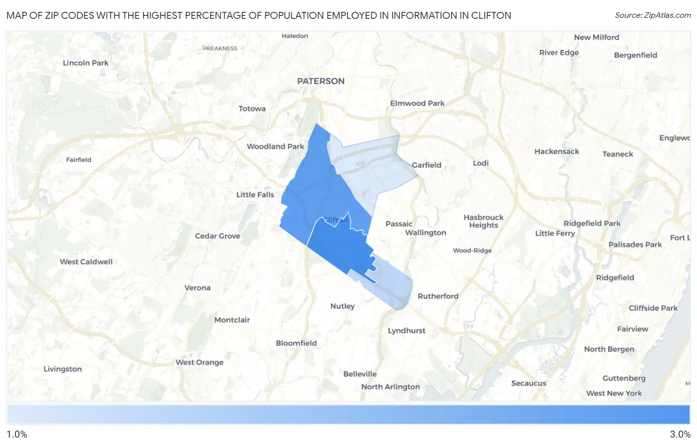 Zip Codes with the Highest Percentage of Population Employed in Information in Clifton Map