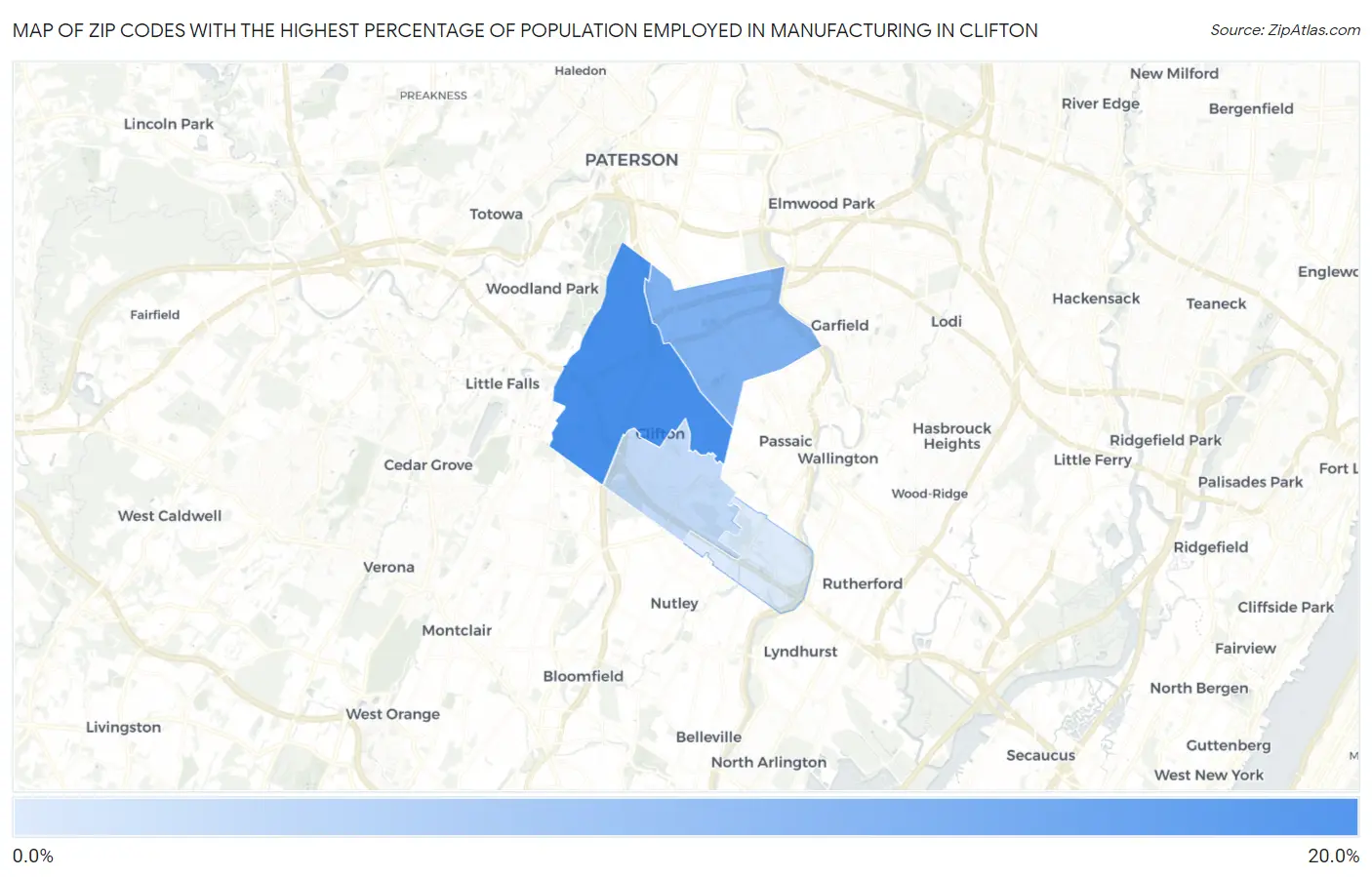 Zip Codes with the Highest Percentage of Population Employed in Manufacturing in Clifton Map