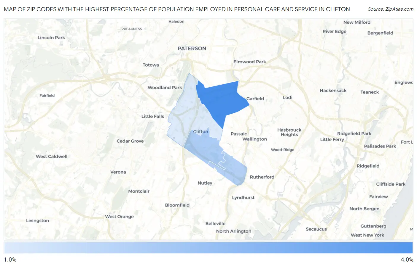 Zip Codes with the Highest Percentage of Population Employed in Personal Care and Service in Clifton Map
