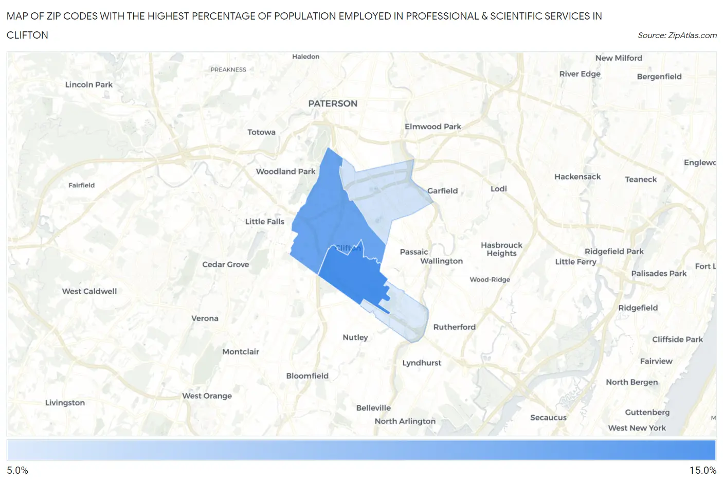 Zip Codes with the Highest Percentage of Population Employed in Professional & Scientific Services in Clifton Map
