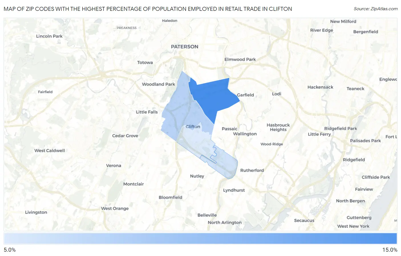 Zip Codes with the Highest Percentage of Population Employed in Retail Trade in Clifton Map