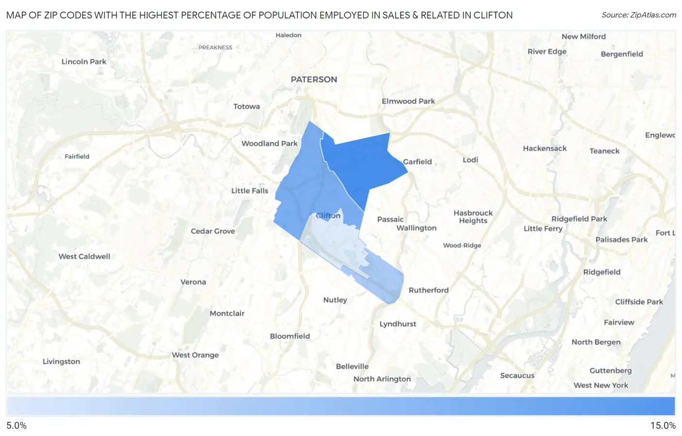 Zip Codes with the Highest Percentage of Population Employed in Sales & Related in Clifton Map