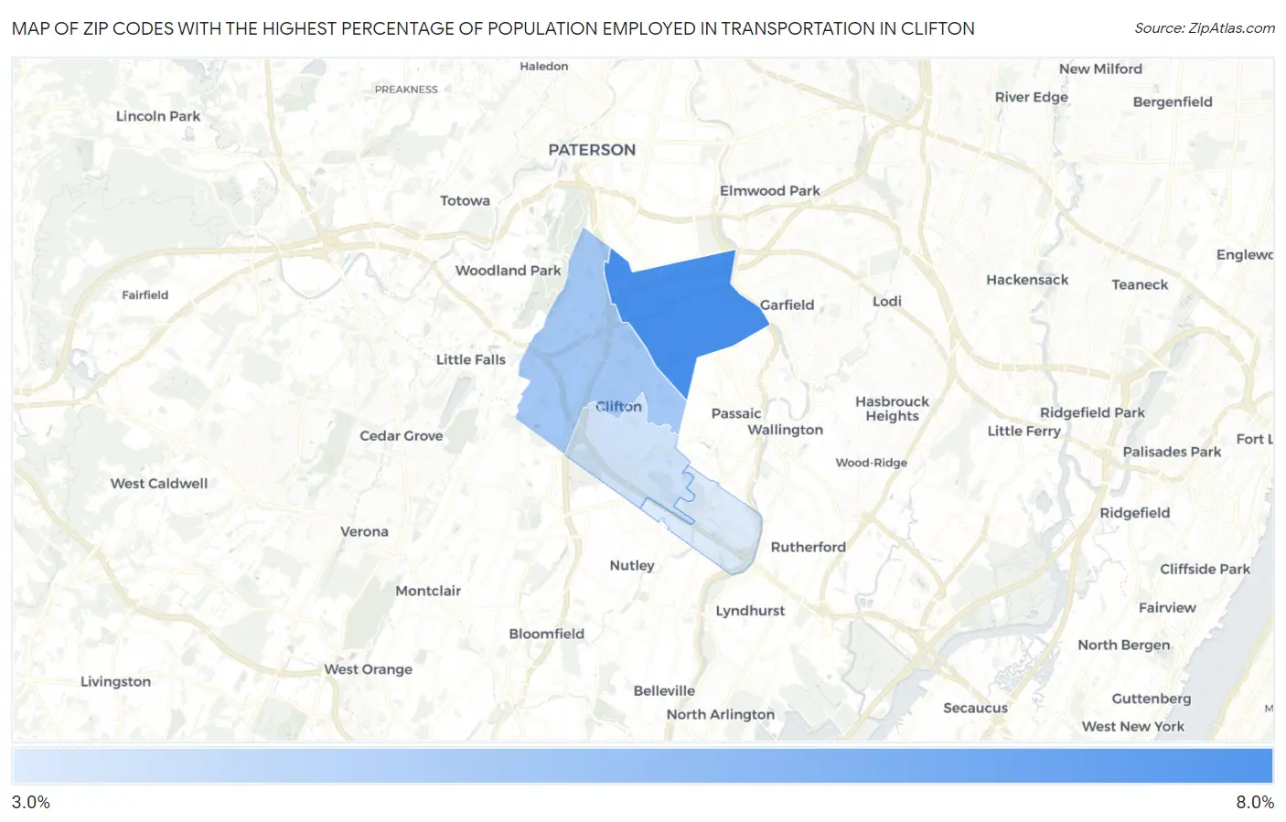 Zip Codes with the Highest Percentage of Population Employed in Transportation in Clifton Map