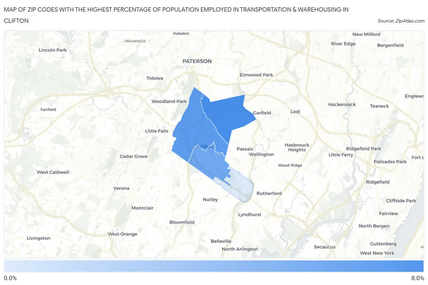 Zip Codes with the Highest Percentage of Population Employed in Transportation & Warehousing in Clifton Map