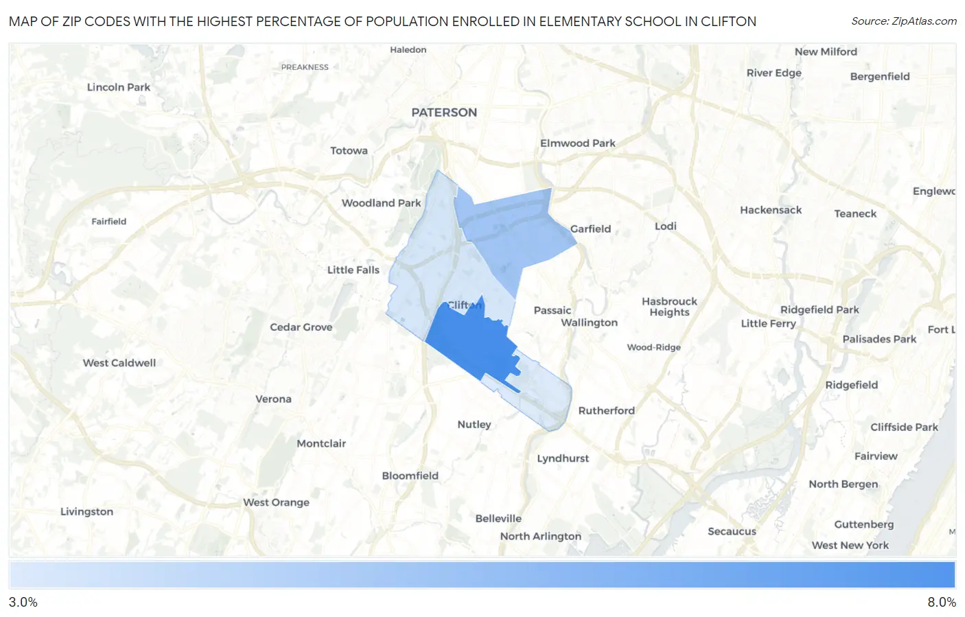 Zip Codes with the Highest Percentage of Population Enrolled in Elementary School in Clifton Map