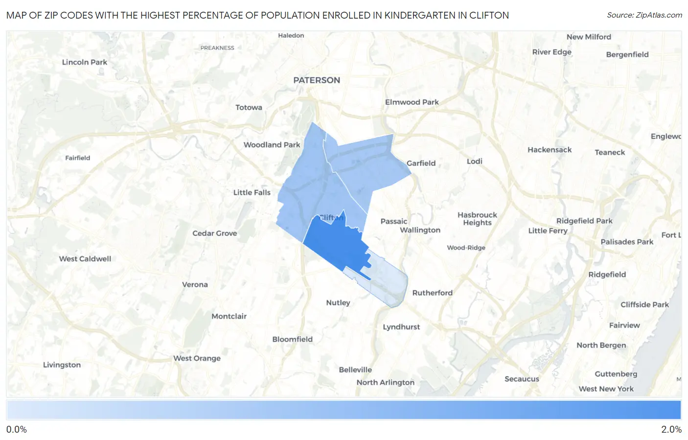 Zip Codes with the Highest Percentage of Population Enrolled in Kindergarten in Clifton Map