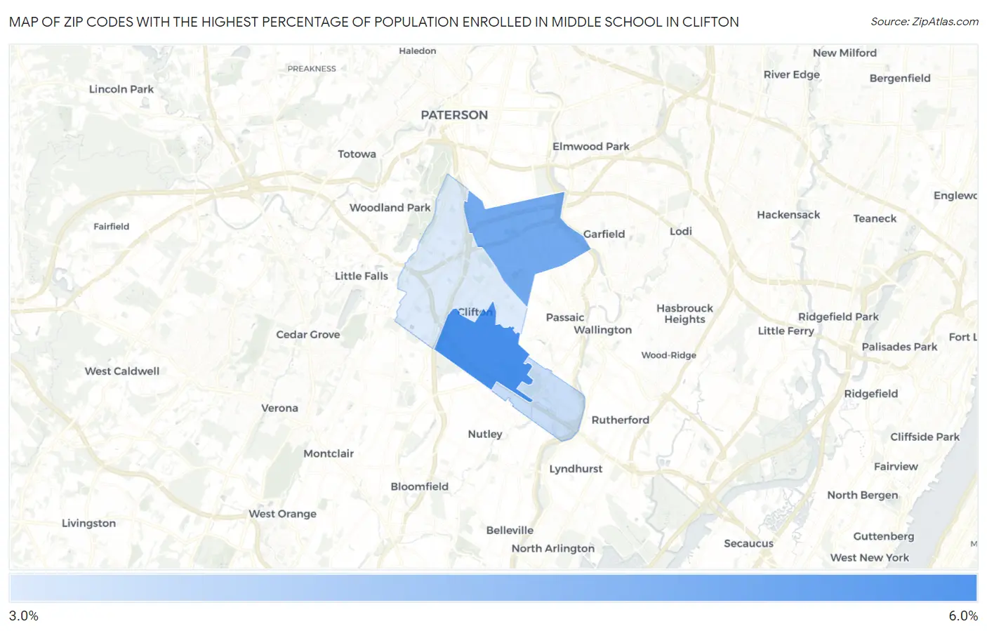 Zip Codes with the Highest Percentage of Population Enrolled in Middle School in Clifton Map