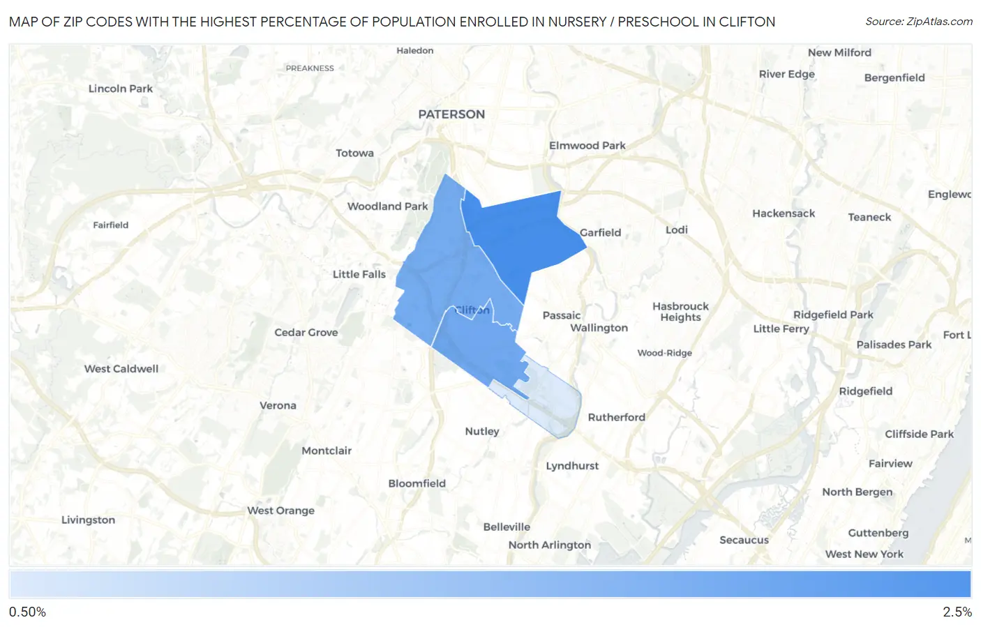 Zip Codes with the Highest Percentage of Population Enrolled in Nursery / Preschool in Clifton Map