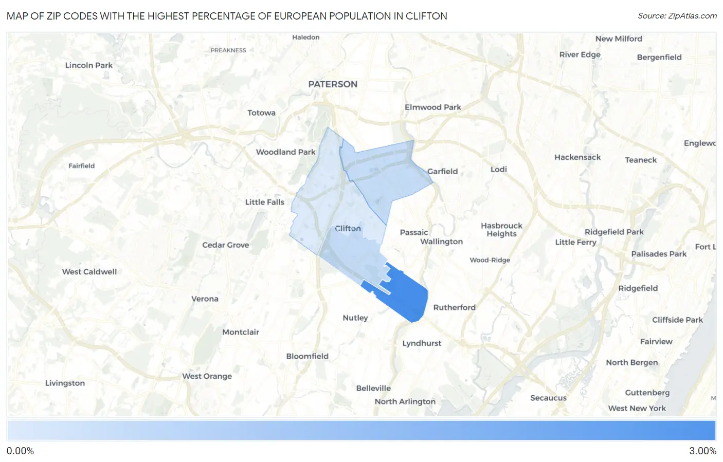Zip Codes with the Highest Percentage of European Population in Clifton Map