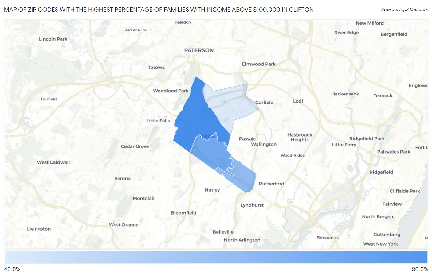 Zip Codes with the Highest Percentage of Families with Income Above $100,000 in Clifton Map