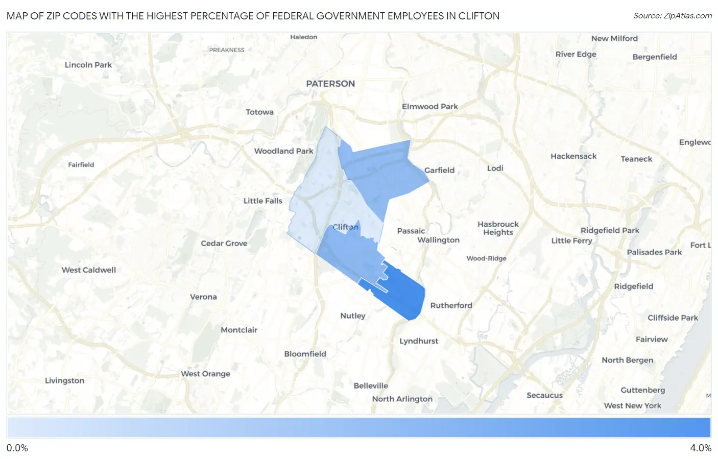Zip Codes with the Highest Percentage of Federal Government Employees in Clifton Map