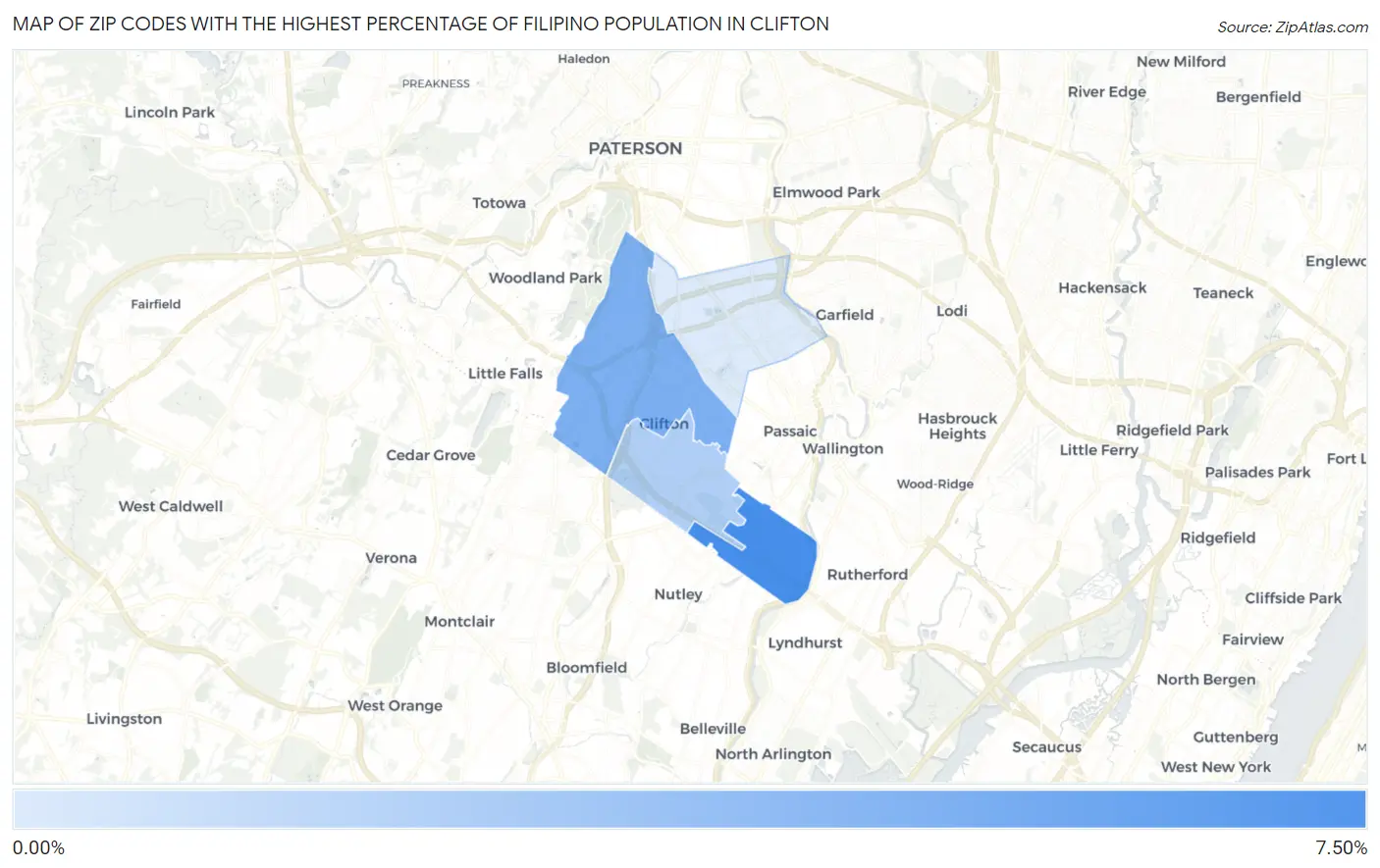 Zip Codes with the Highest Percentage of Filipino Population in Clifton Map