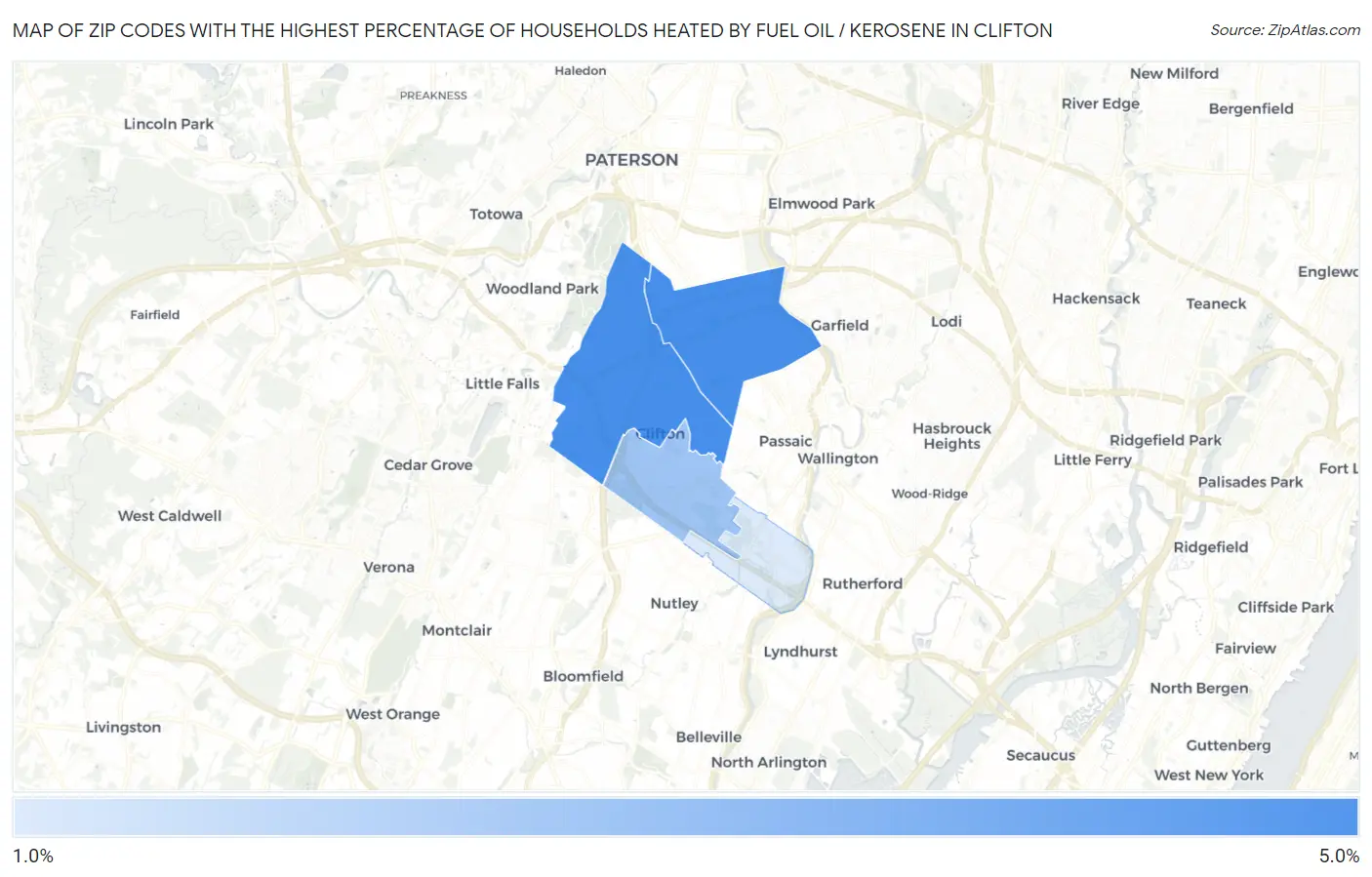 Zip Codes with the Highest Percentage of Households Heated by Fuel Oil / Kerosene in Clifton Map