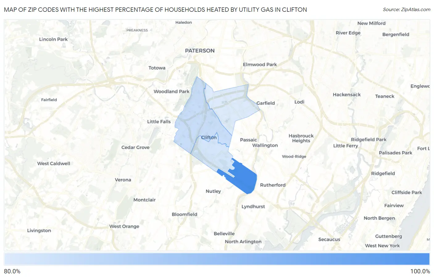 Zip Codes with the Highest Percentage of Households Heated by Utility Gas in Clifton Map