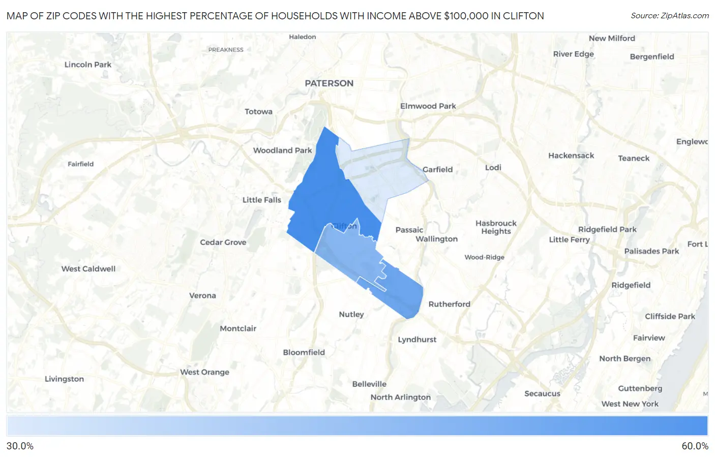 Zip Codes with the Highest Percentage of Households with Income Above $100,000 in Clifton Map