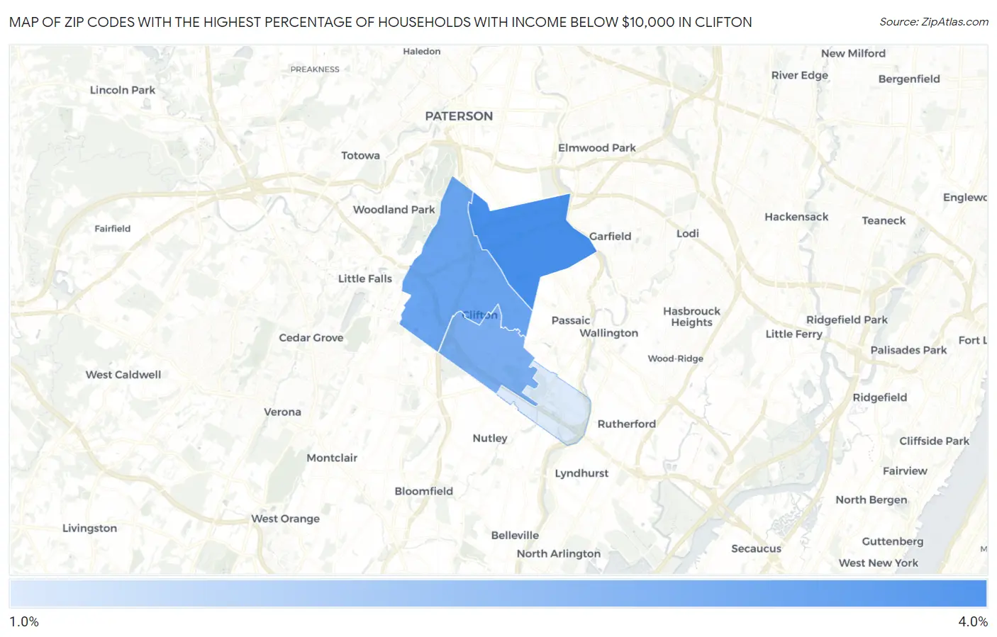 Zip Codes with the Highest Percentage of Households with Income Below $10,000 in Clifton Map
