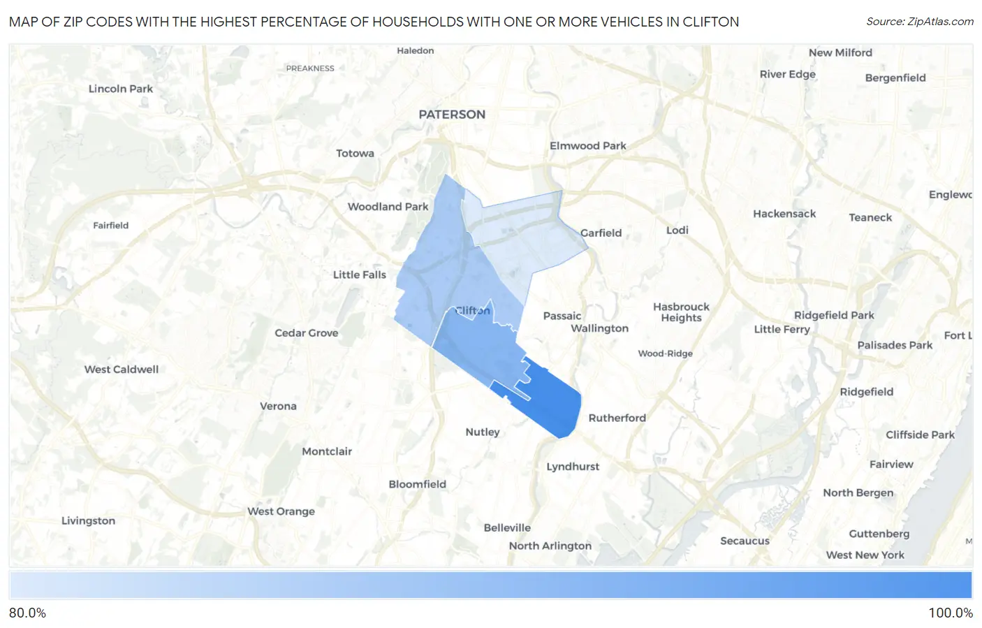 Zip Codes with the Highest Percentage of Households With One or more Vehicles in Clifton Map