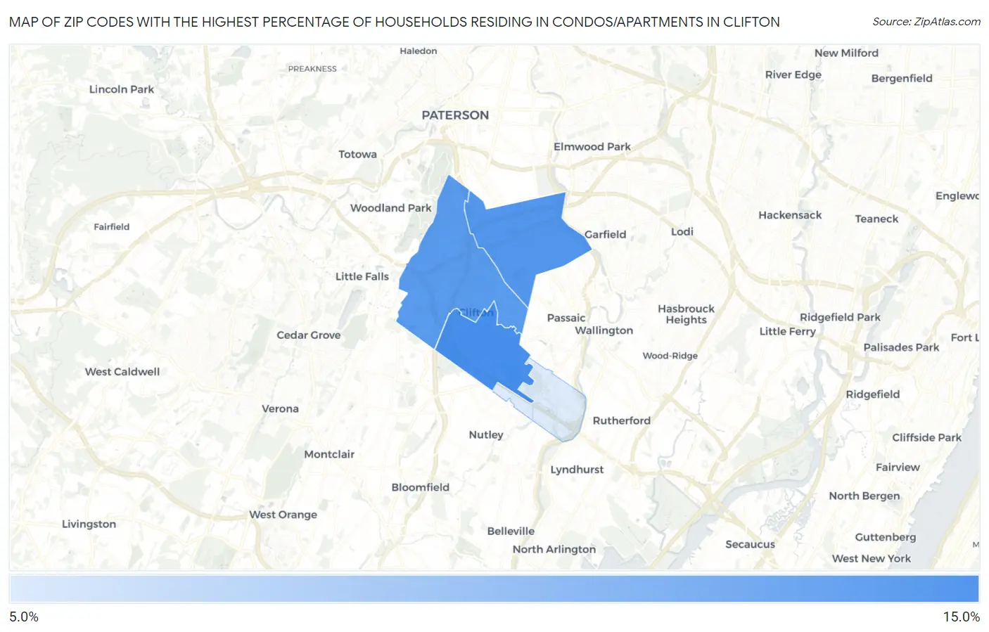 Zip Codes with the Highest Percentage of Households Residing in Condos/Apartments in Clifton Map