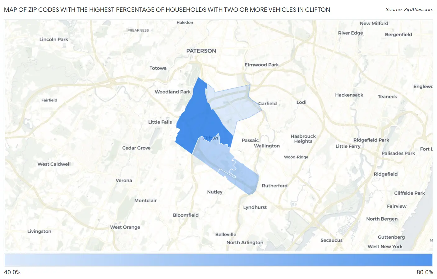 Zip Codes with the Highest Percentage of Households With Two or more Vehicles in Clifton Map