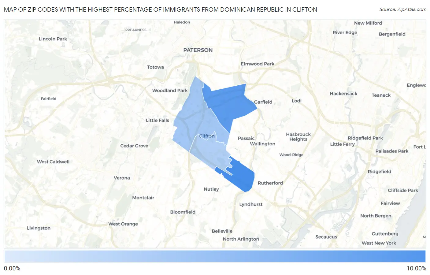 Zip Codes with the Highest Percentage of Immigrants from Dominican Republic in Clifton Map