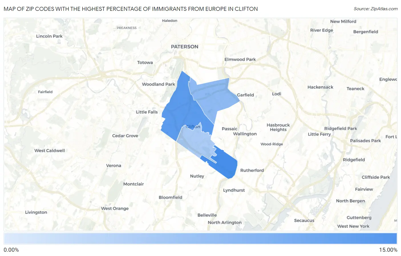 Zip Codes with the Highest Percentage of Immigrants from Europe in Clifton Map