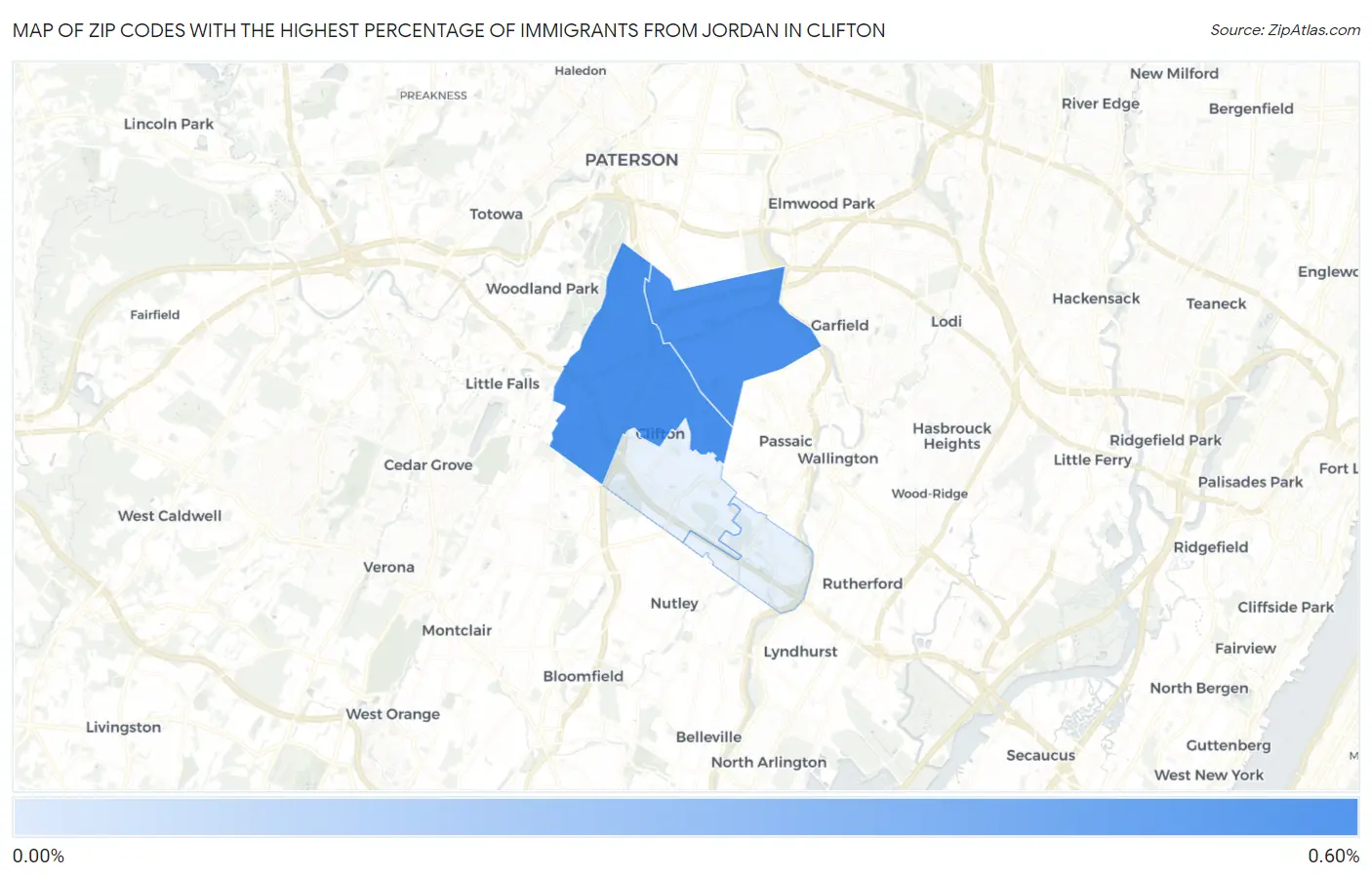 Zip Codes with the Highest Percentage of Immigrants from Jordan in Clifton Map