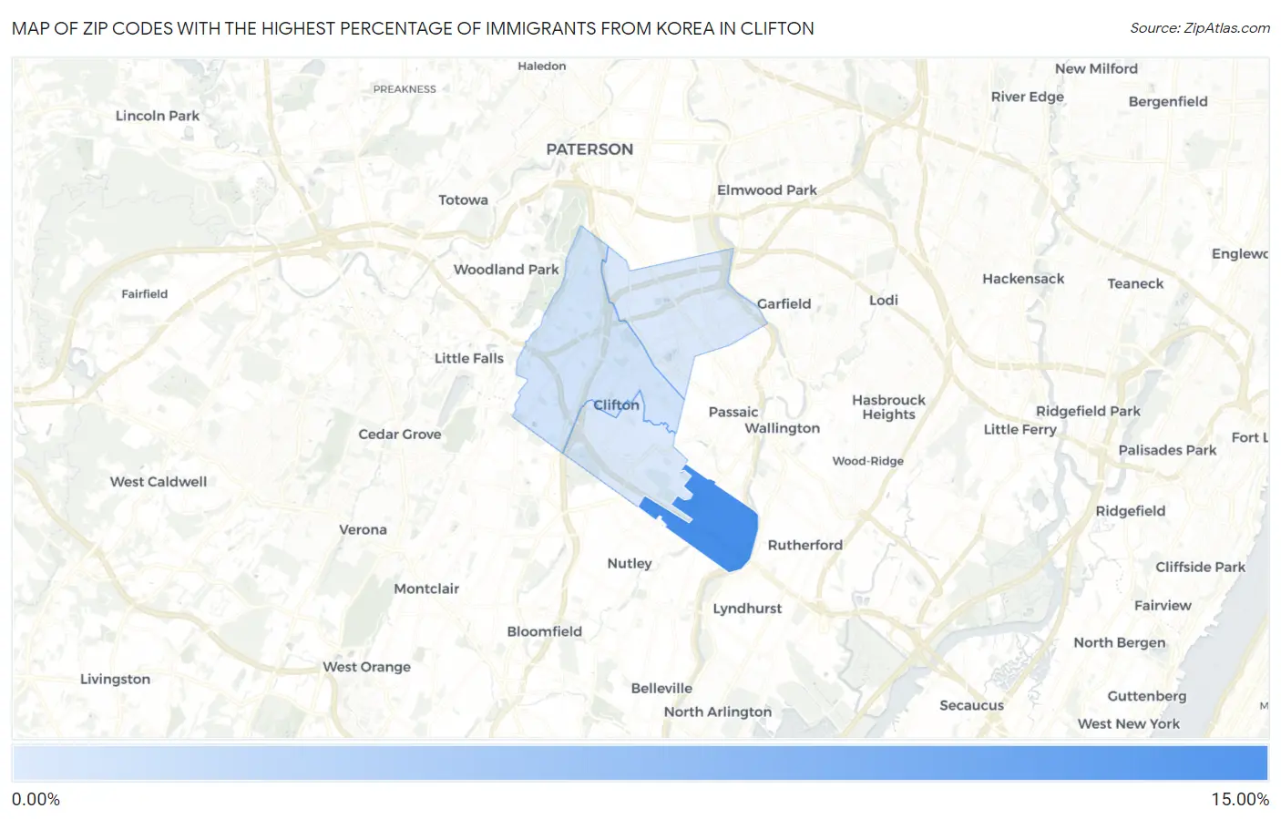 Zip Codes with the Highest Percentage of Immigrants from Korea in Clifton Map
