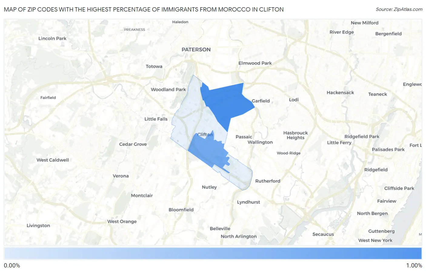 Zip Codes with the Highest Percentage of Immigrants from Morocco in Clifton Map