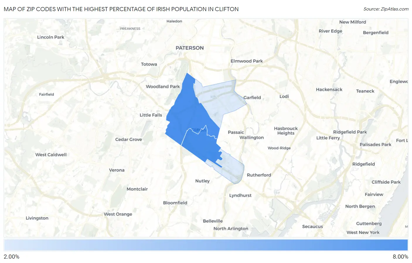 Zip Codes with the Highest Percentage of Irish Population in Clifton Map