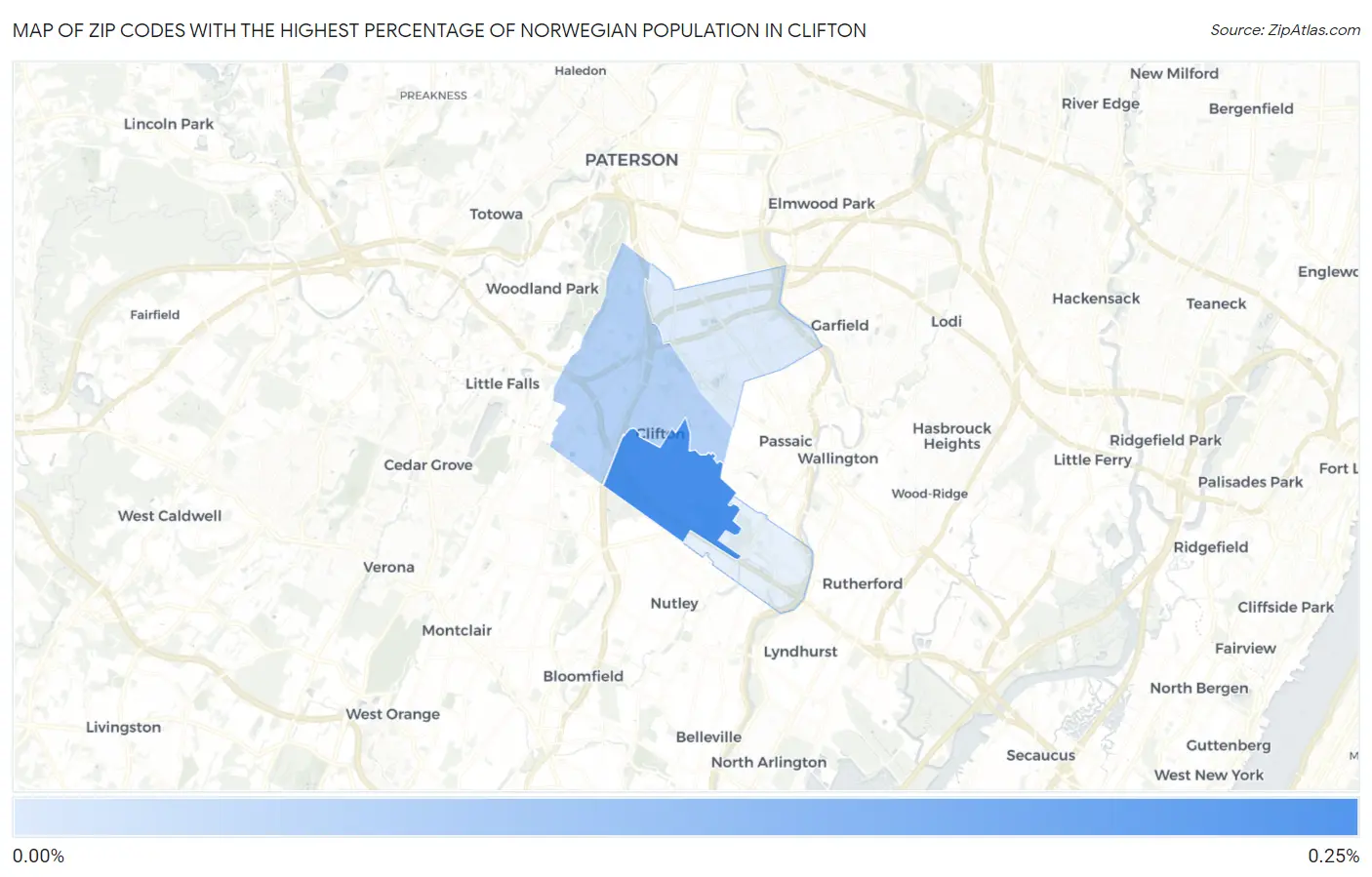 Zip Codes with the Highest Percentage of Norwegian Population in Clifton Map