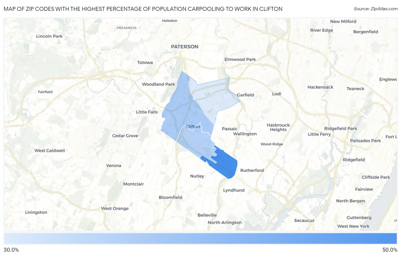 Zip Codes with the Highest Percentage of Population Carpooling to Work in Clifton Map