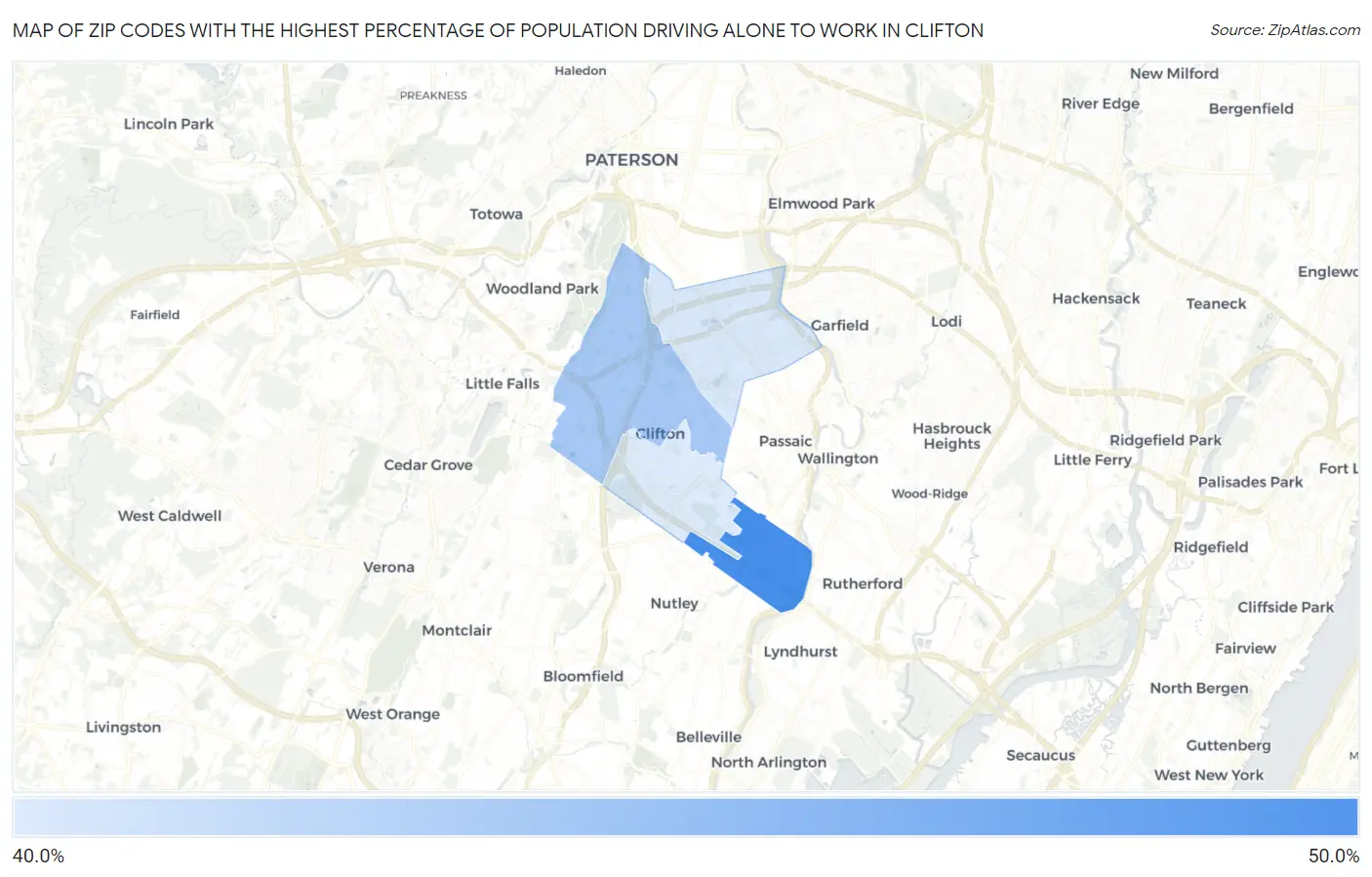 Zip Codes with the Highest Percentage of Population Driving Alone to Work in Clifton Map