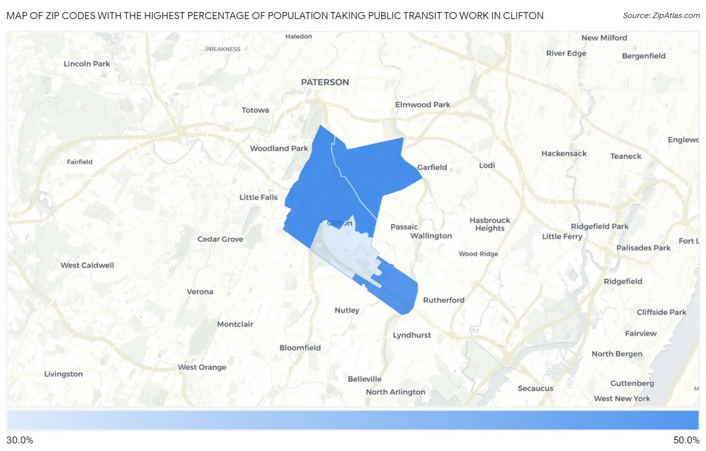 Zip Codes with the Highest Percentage of Population Taking Public Transit to Work in Clifton Map