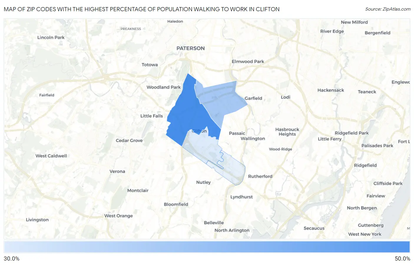 Zip Codes with the Highest Percentage of Population Walking to Work in Clifton Map