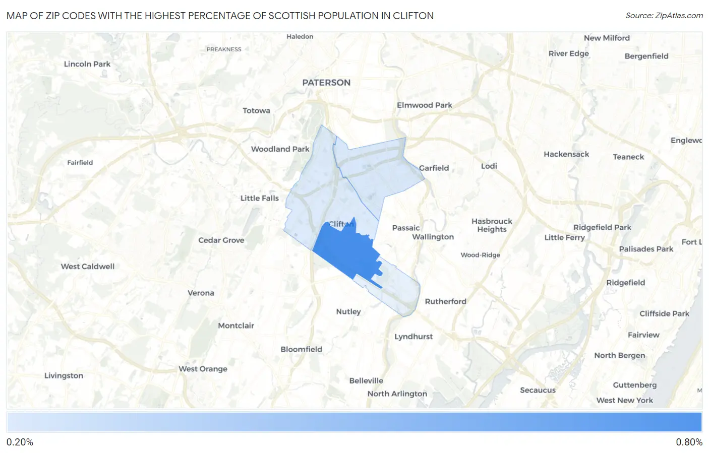 Zip Codes with the Highest Percentage of Scottish Population in Clifton Map