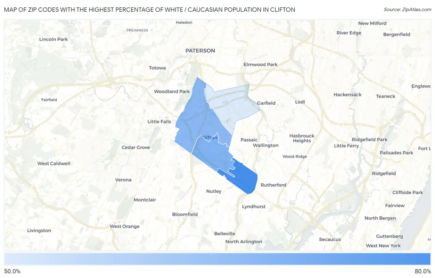 Zip Codes with the Highest Percentage of White / Caucasian Population in Clifton Map
