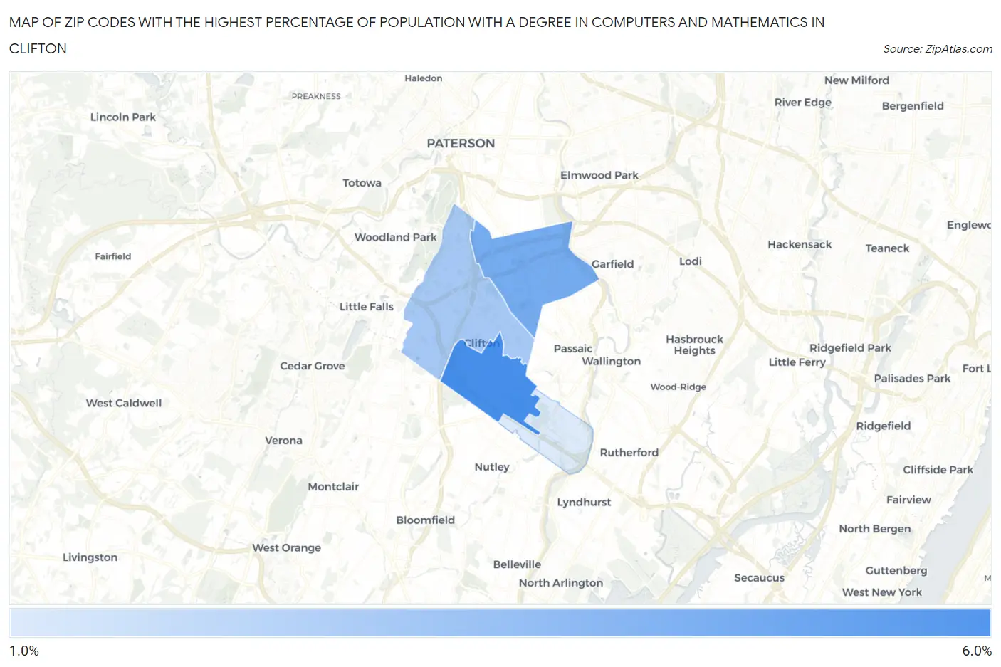 Zip Codes with the Highest Percentage of Population with a Degree in Computers and Mathematics in Clifton Map