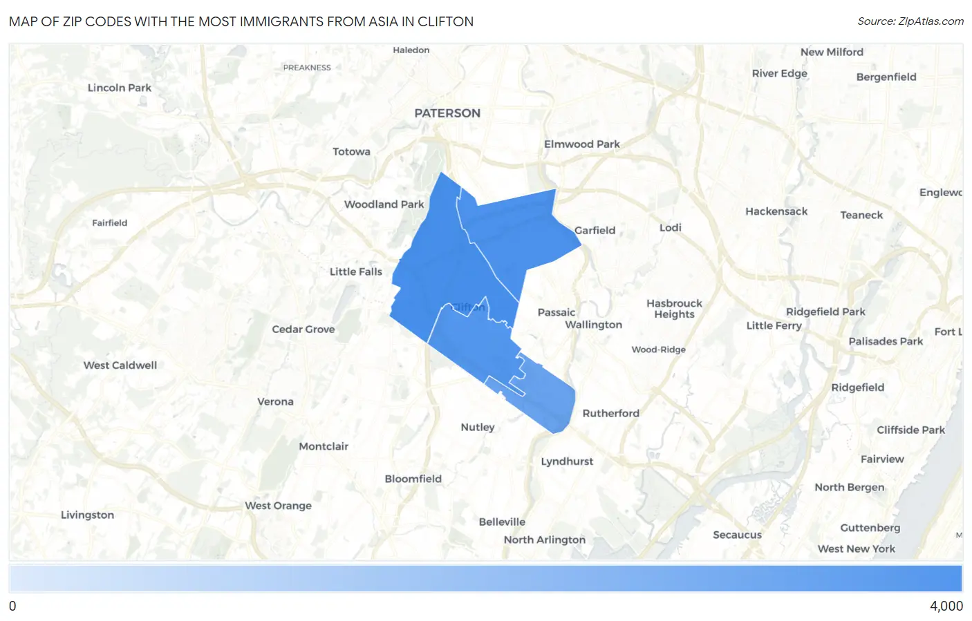 Zip Codes with the Most Immigrants from Asia in Clifton Map