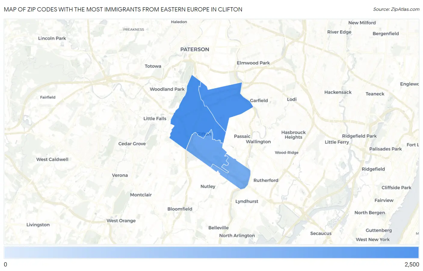 Zip Codes with the Most Immigrants from Eastern Europe in Clifton Map
