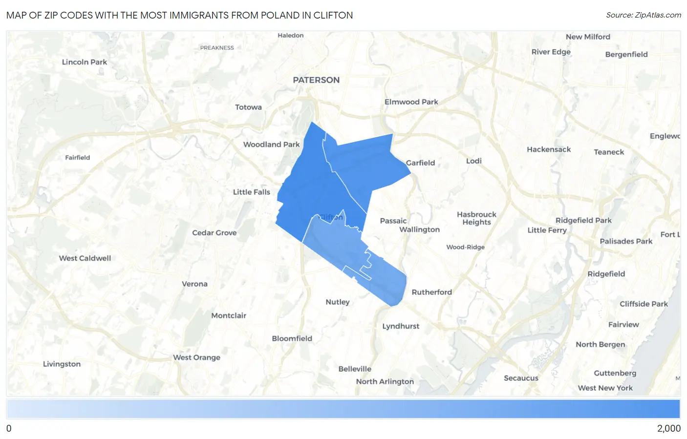 Zip Codes with the Most Immigrants from Poland in Clifton Map