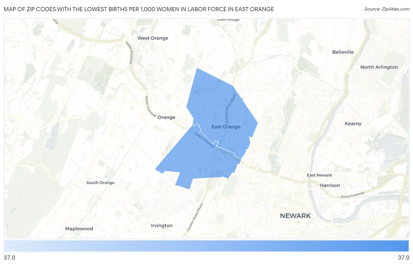Zip Codes with the Lowest Births per 1,000 Women in Labor Force in East Orange Map