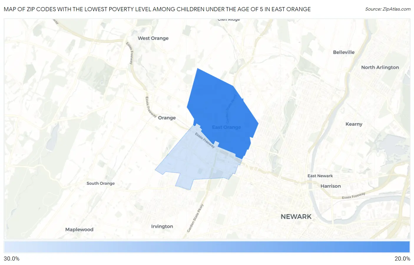 Zip Codes with the Lowest Poverty Level Among Children Under the Age of 5 in East Orange Map