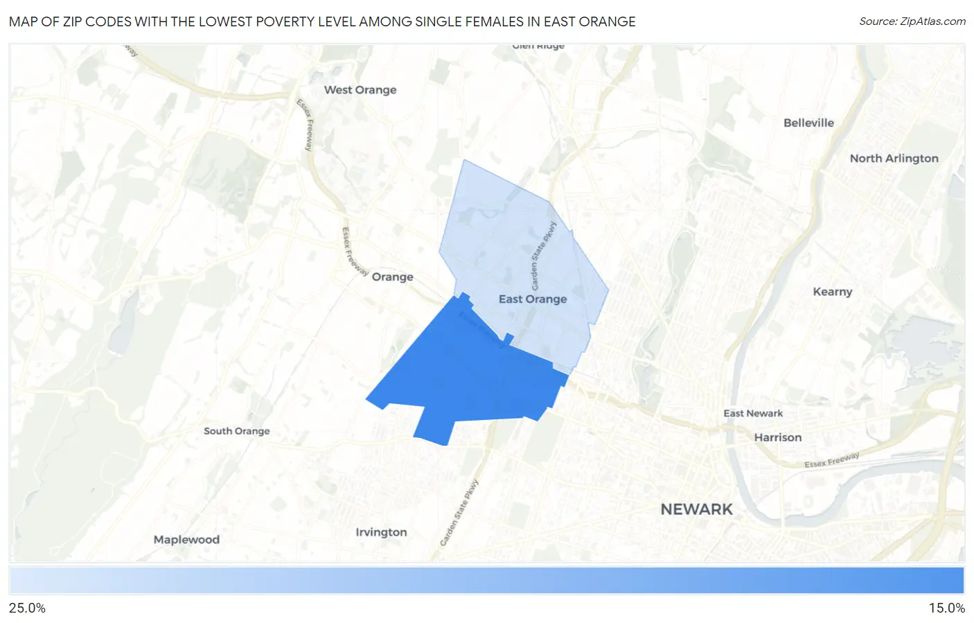 Zip Codes with the Lowest Poverty Level Among Single Females in East Orange Map