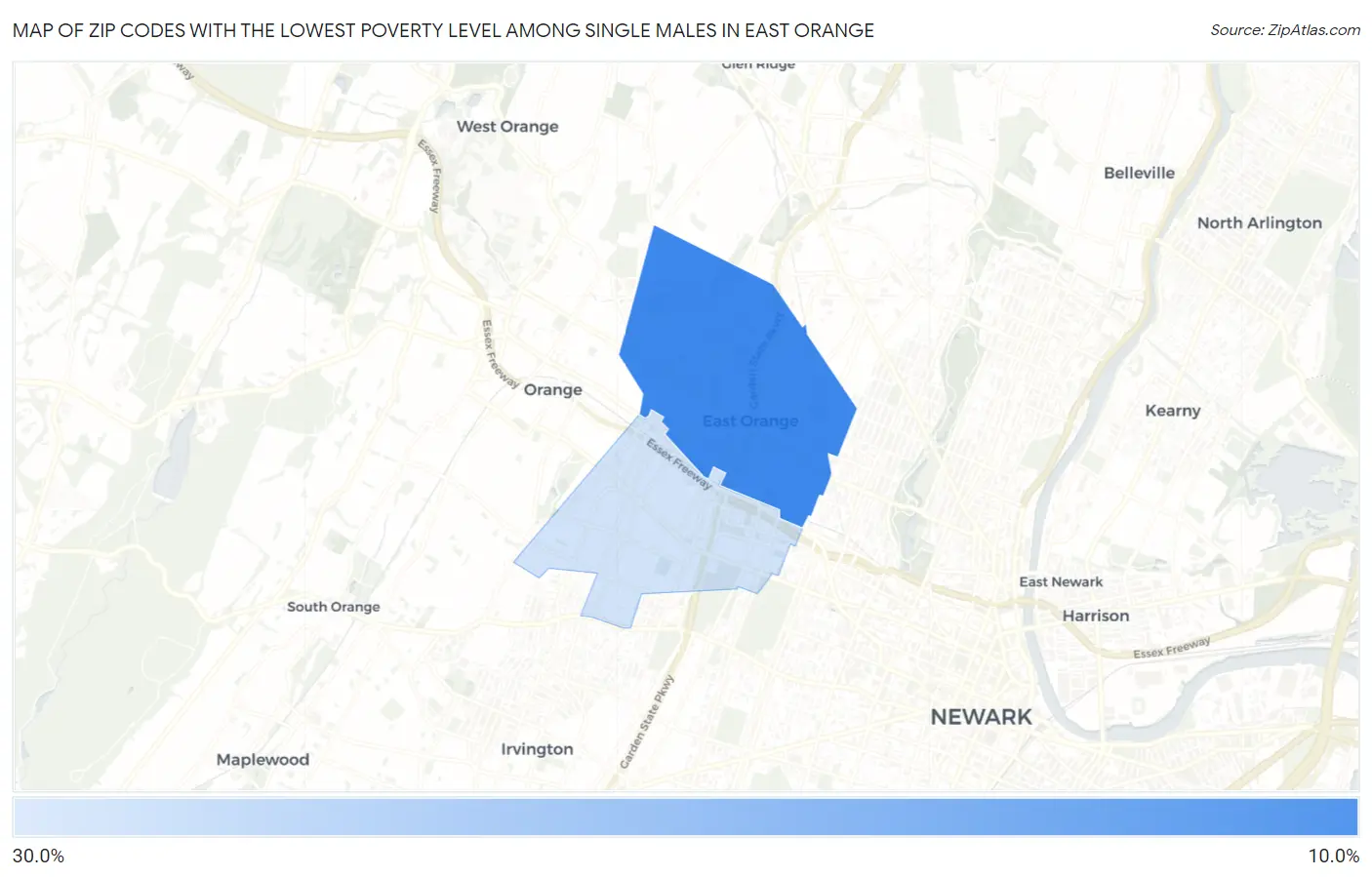 Zip Codes with the Lowest Poverty Level Among Single Males in East Orange Map