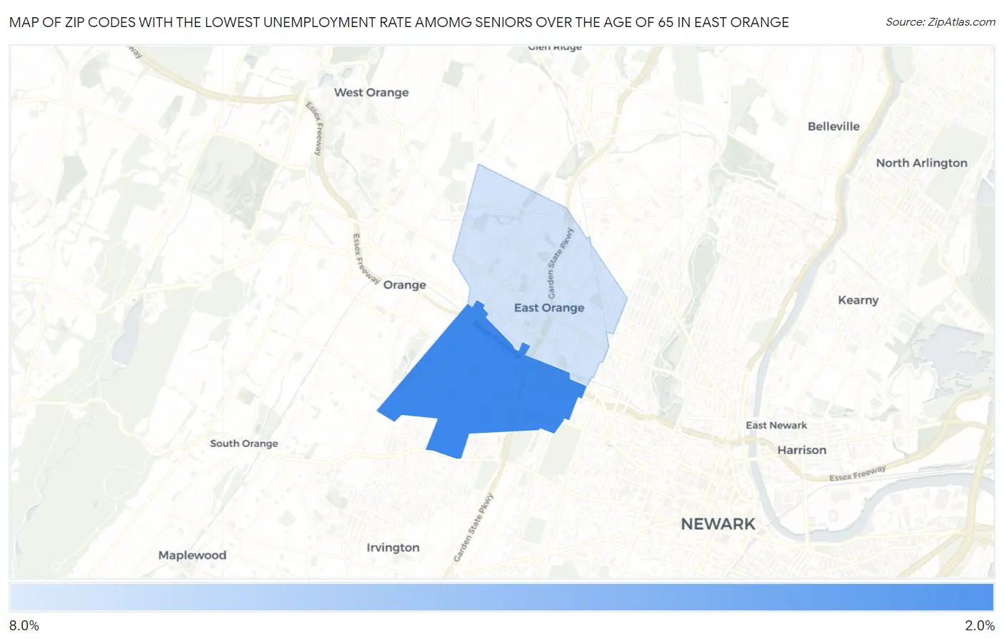 Zip Codes with the Lowest Unemployment Rate Amomg Seniors Over the Age of 65 in East Orange Map