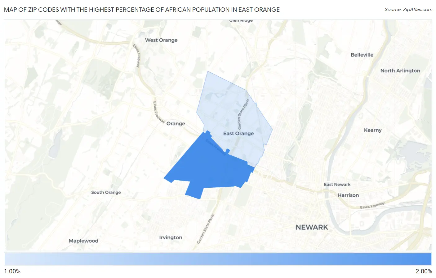 Zip Codes with the Highest Percentage of African Population in East Orange Map