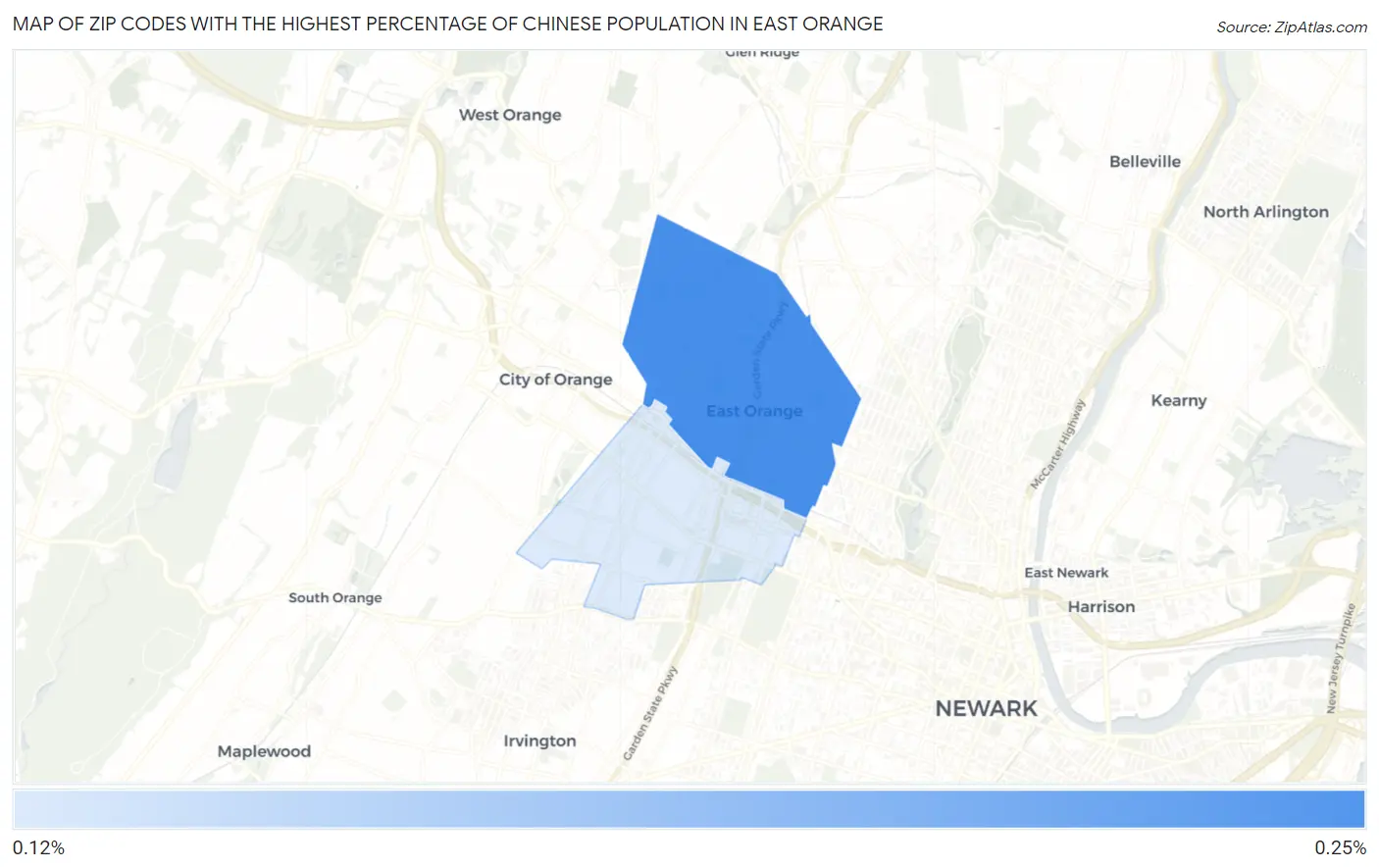 Zip Codes with the Highest Percentage of Chinese Population in East Orange Map