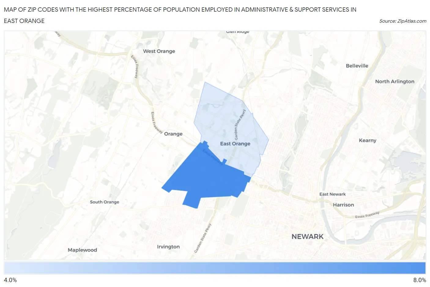 Zip Codes with the Highest Percentage of Population Employed in Administrative & Support Services in East Orange Map